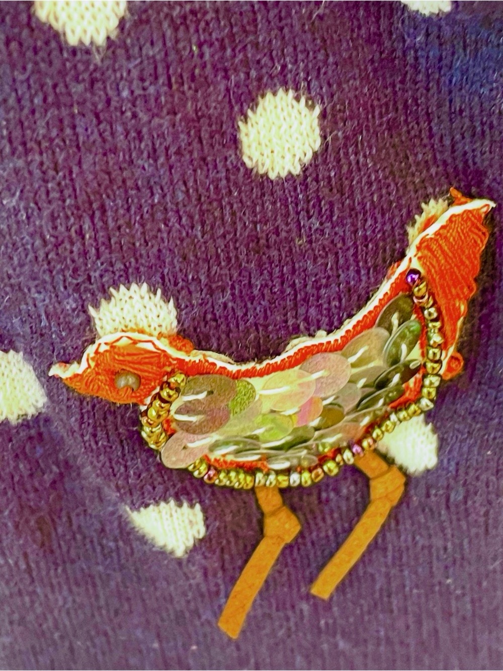 Whimsical polka dot chicken sweater embroidered & beaded - Picture 6 of 10